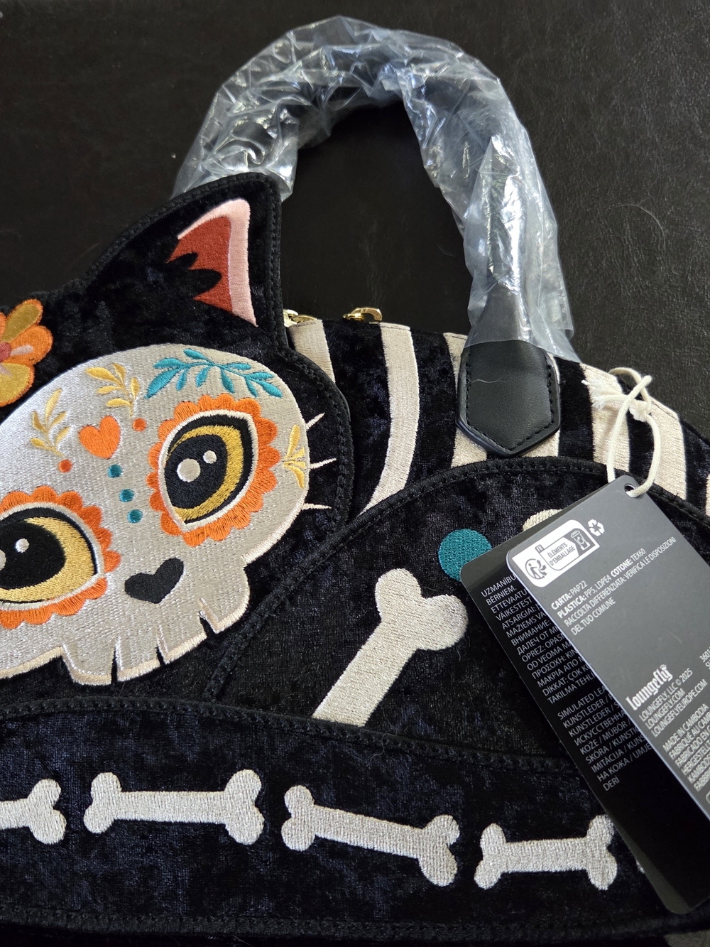 Loungefly Dia De Los Muertos Black Velvet Sugar Skull Cat Handbag